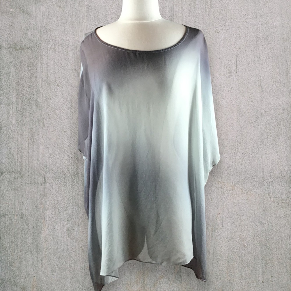 Eileen Fisher 100% Silk Sheer Ombre Boxy Hi-Low Hem Side Slit Blouse Top Grey M